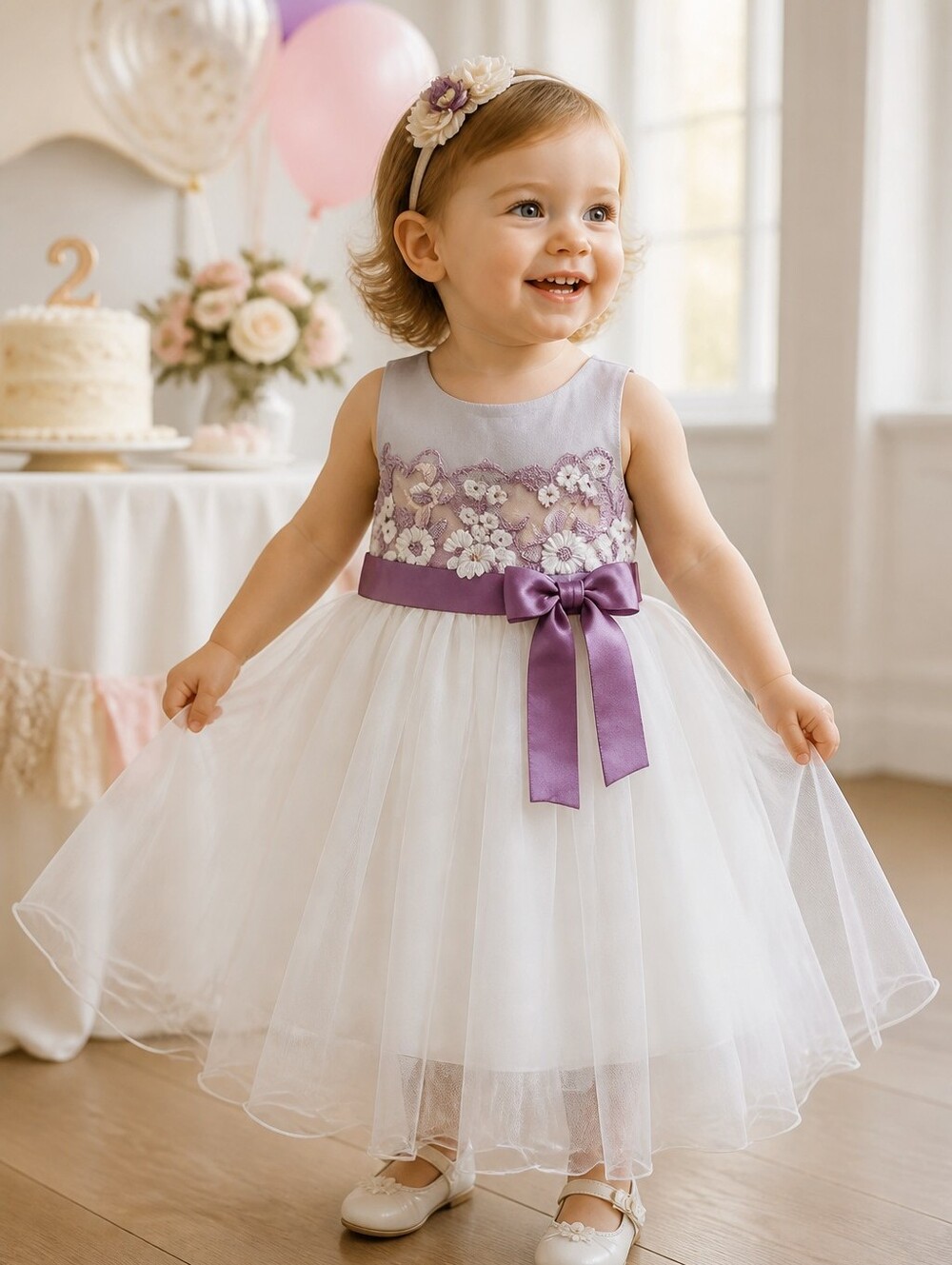 Rare Editions Dress 2T Ivory Lavender Embroidered Tulle Flower Girl Formal Bow